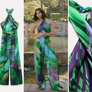 ZARA Multicoloured satin tropical print jumpsuit size medium
